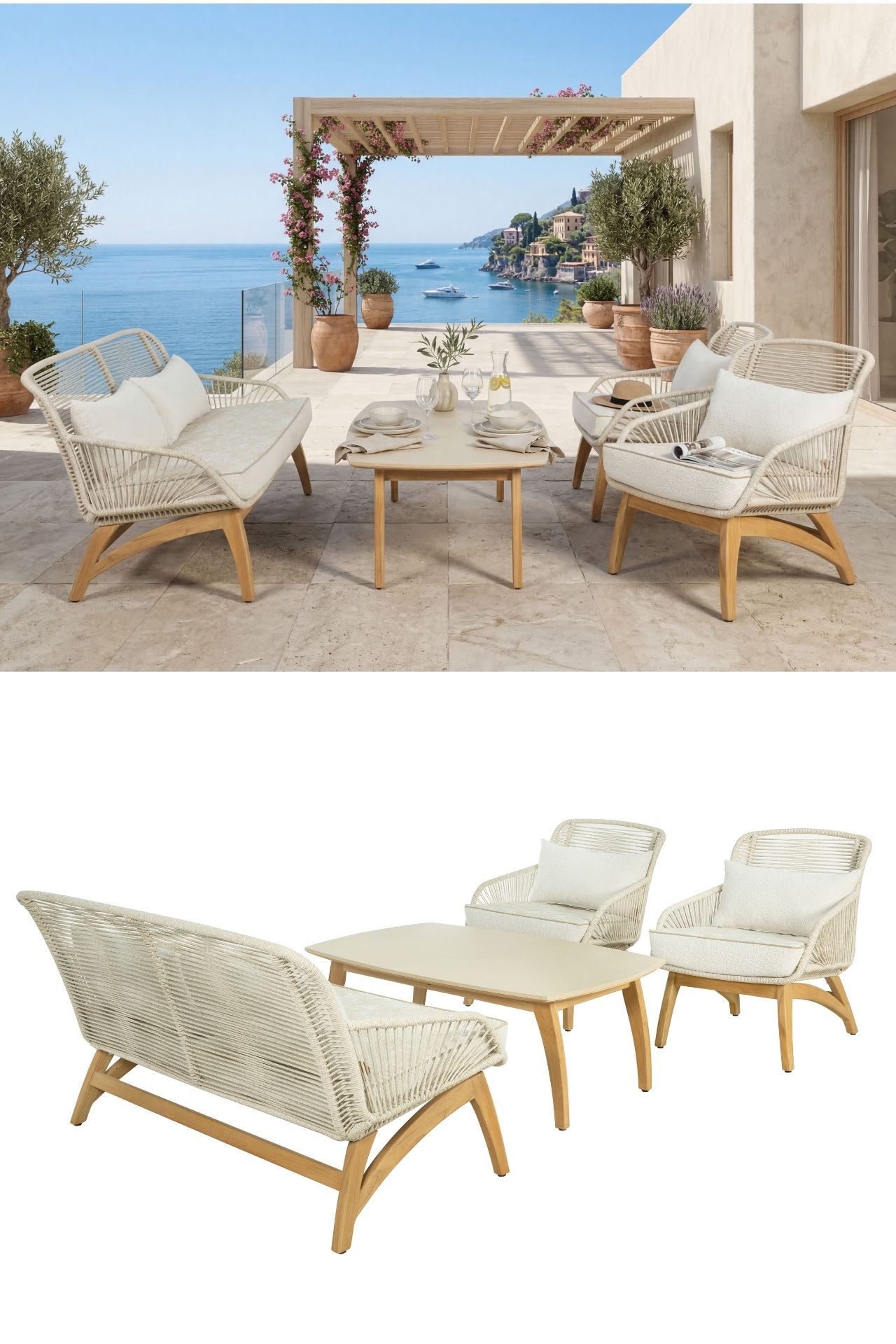 Portofino loungesæt i teak-look reb og natur sand - 4 personers sofasæt